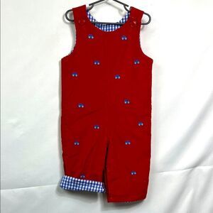 Zuccini Red Cotton Corduroy  blue gingham reversible John John embroidered cars